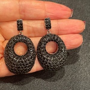 Silver Black Spinel hanging hoops